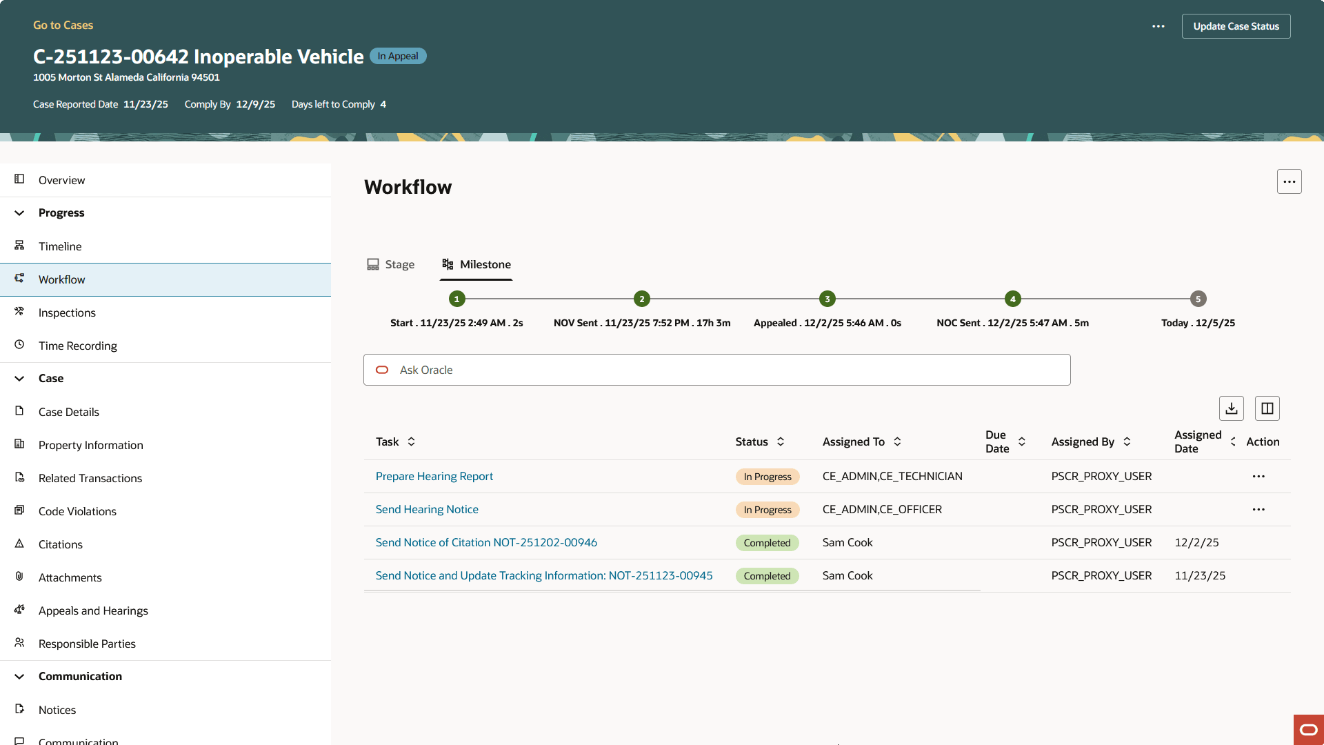Workflow page for a case, showing the Milestone view