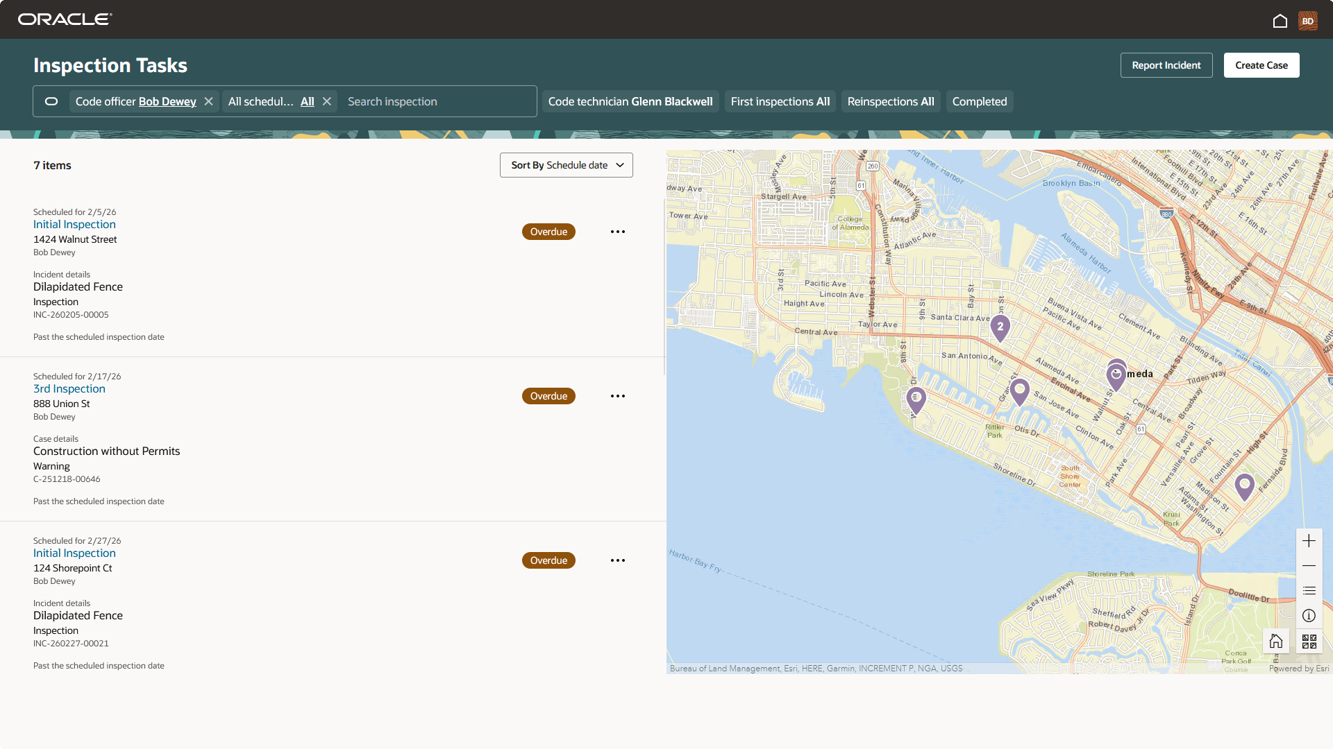 Inspection Tasks page for code officers with filters applied