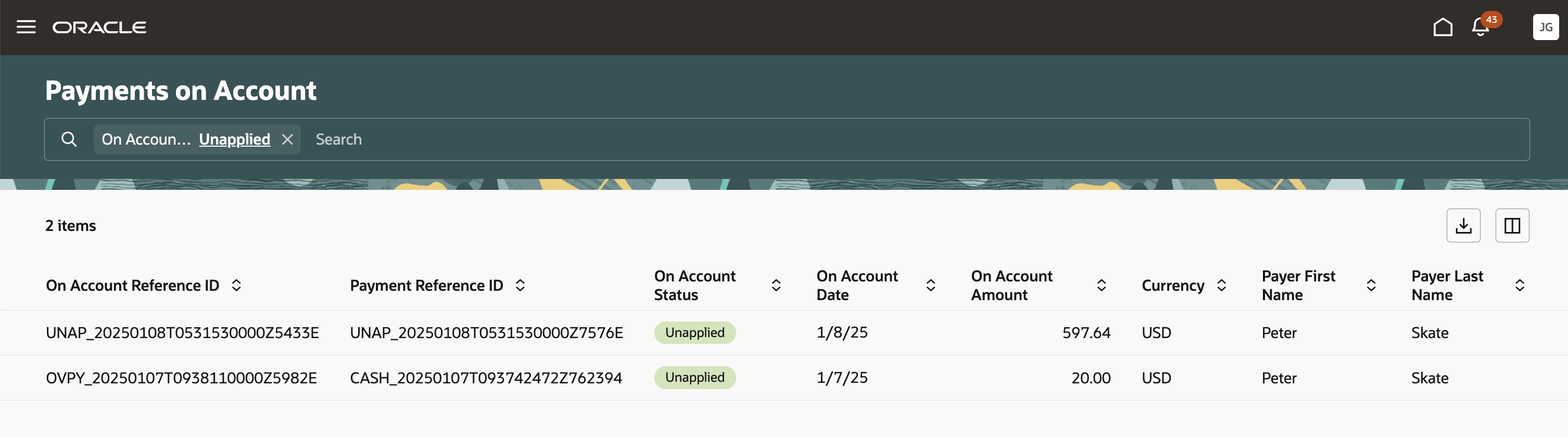 Example of the Payments On Account page