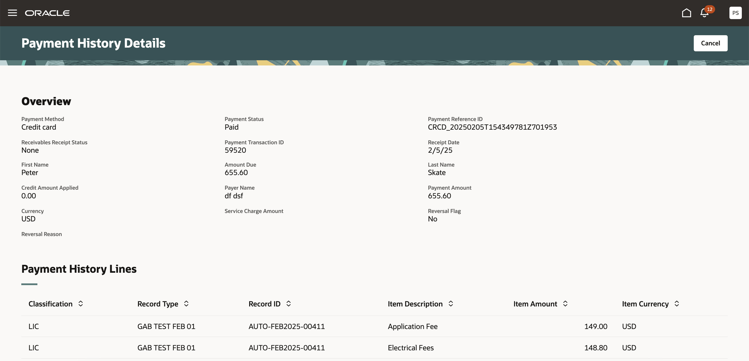 Payment History Details page