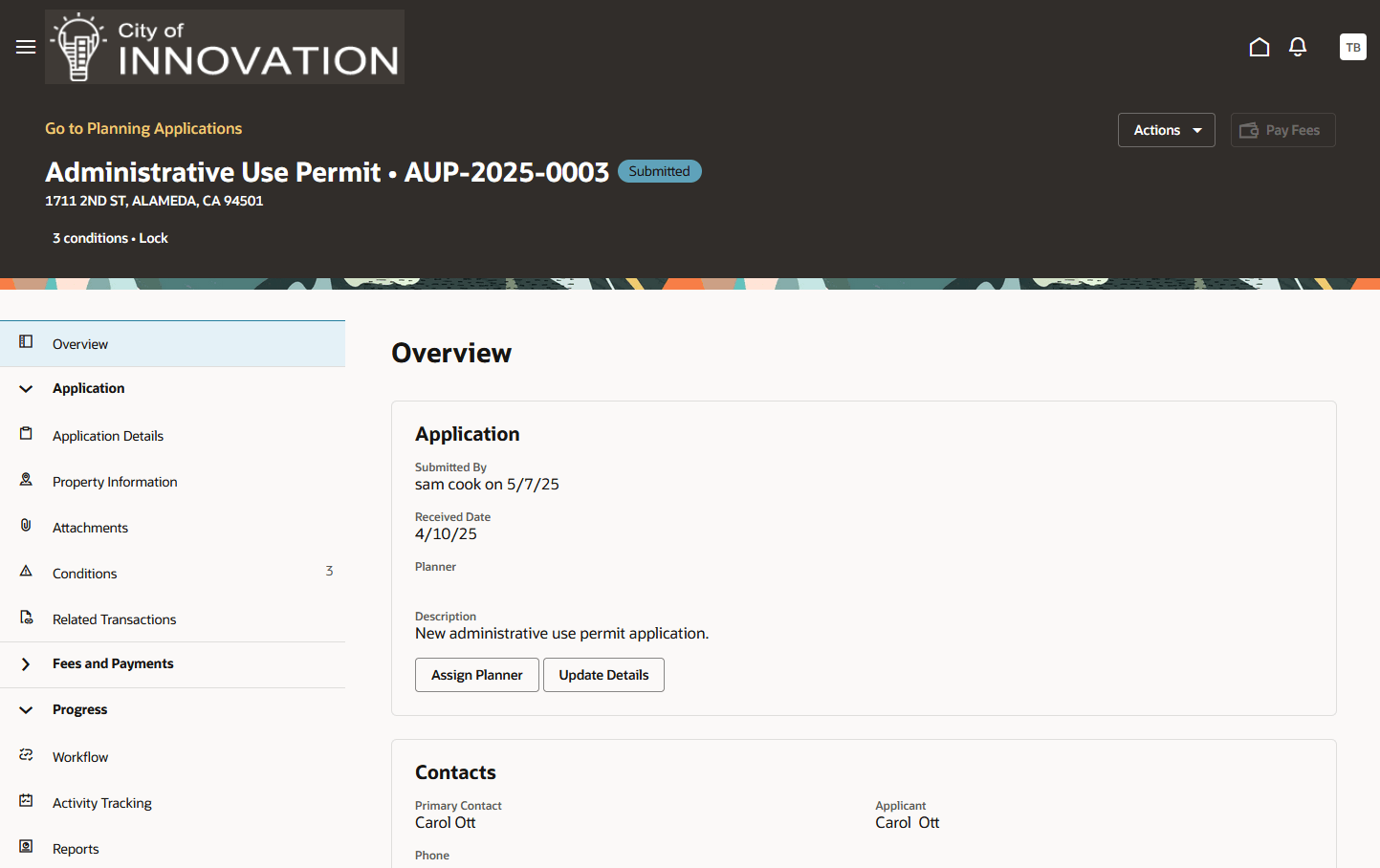Left-panel navigation to Planning Application detail pages and Overview page