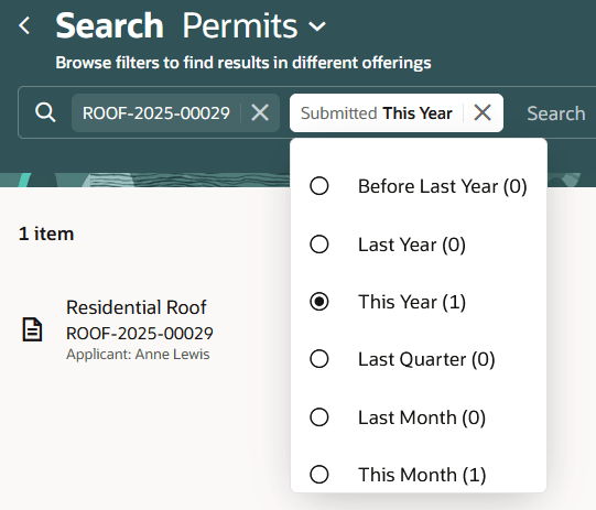 Using the search control to add search terms and filter results with a filter chip.
