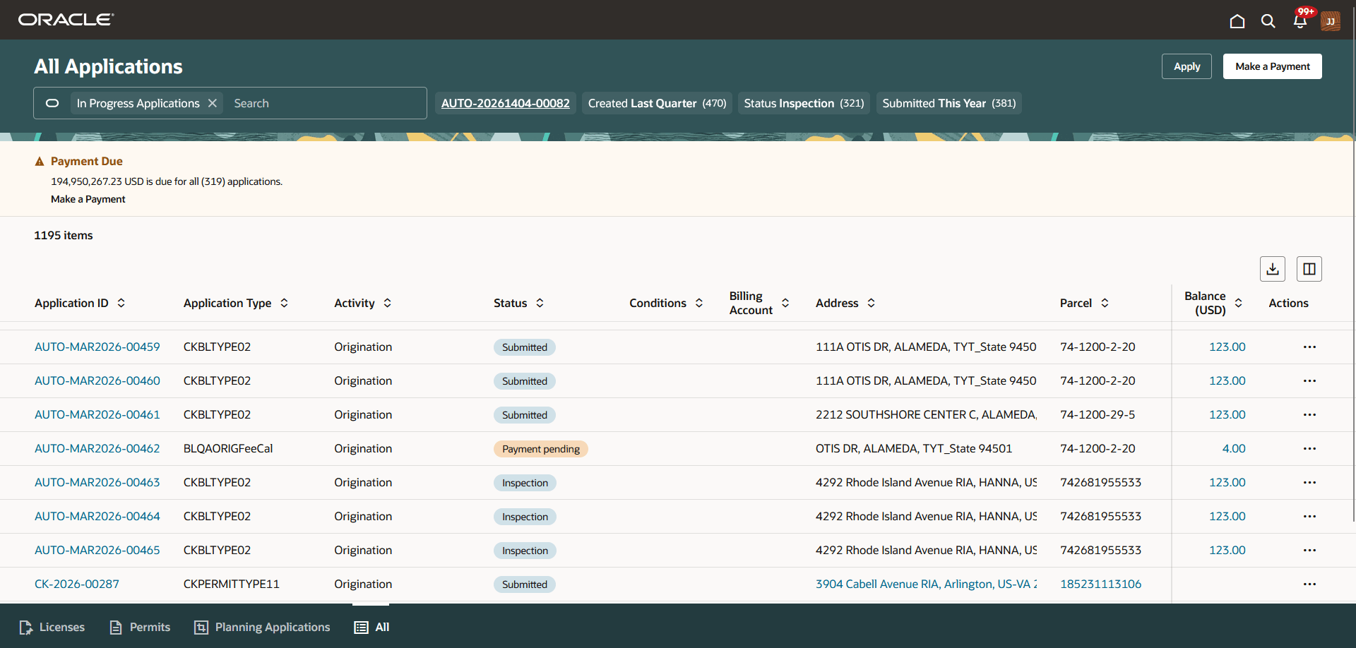 All Applications page for registered public users with payment due banner