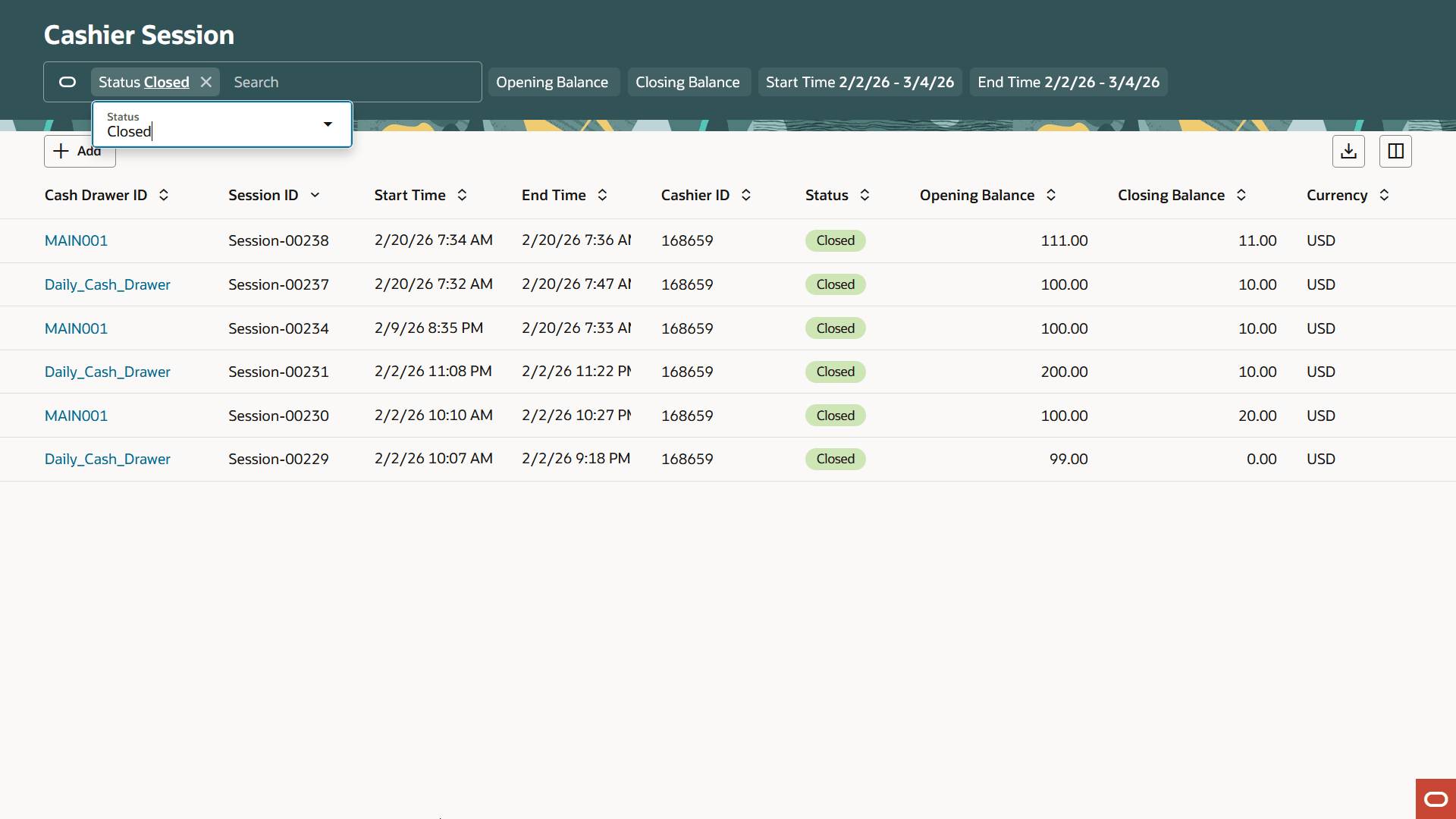 This example shows the Cashier Session page