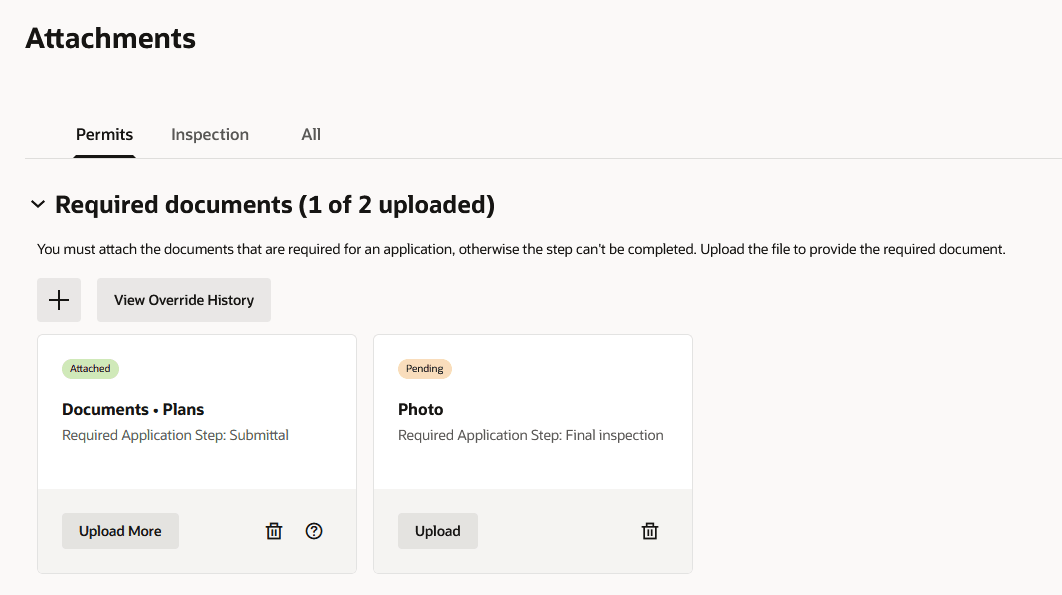 Required documents (1 of 2 uploaded) - Collapsible section with required document cards on the Permits tab for a permit application