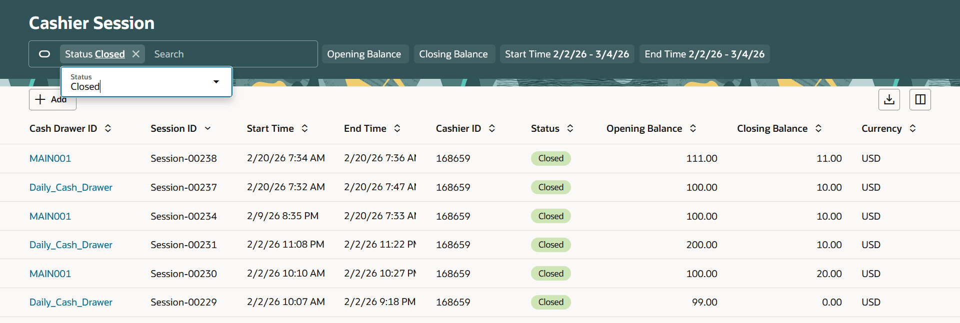 This example shows the Cashier Session page