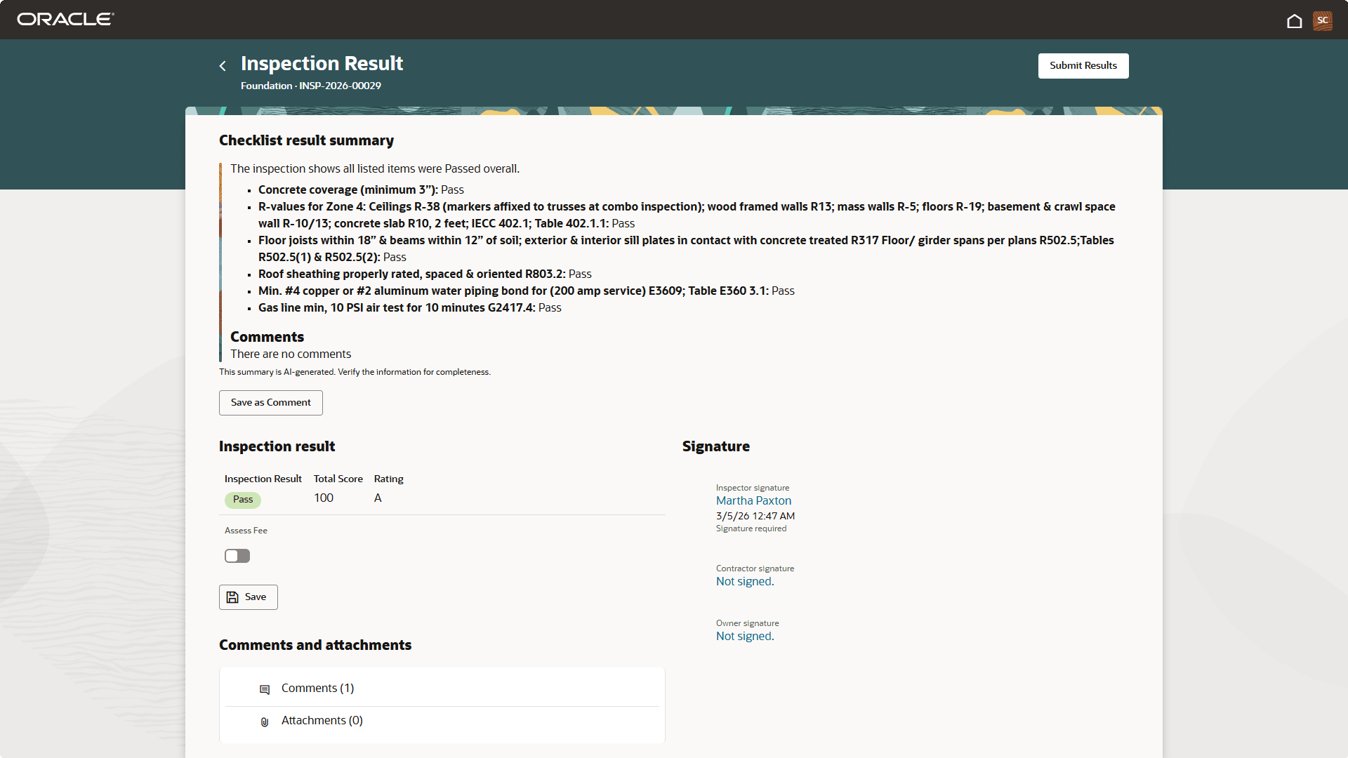 Inspection Result page for an individual inspection in the Inspector Application for mobile devices