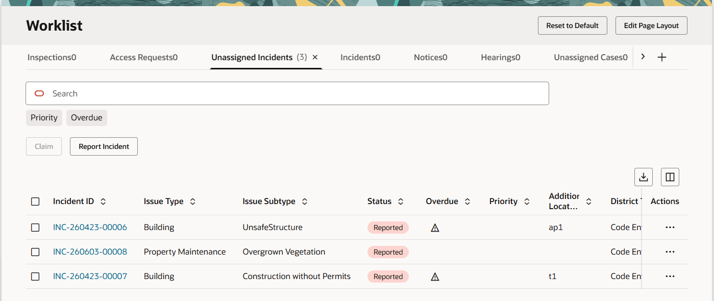 Code Technician Worklist - Unassigned Incidents