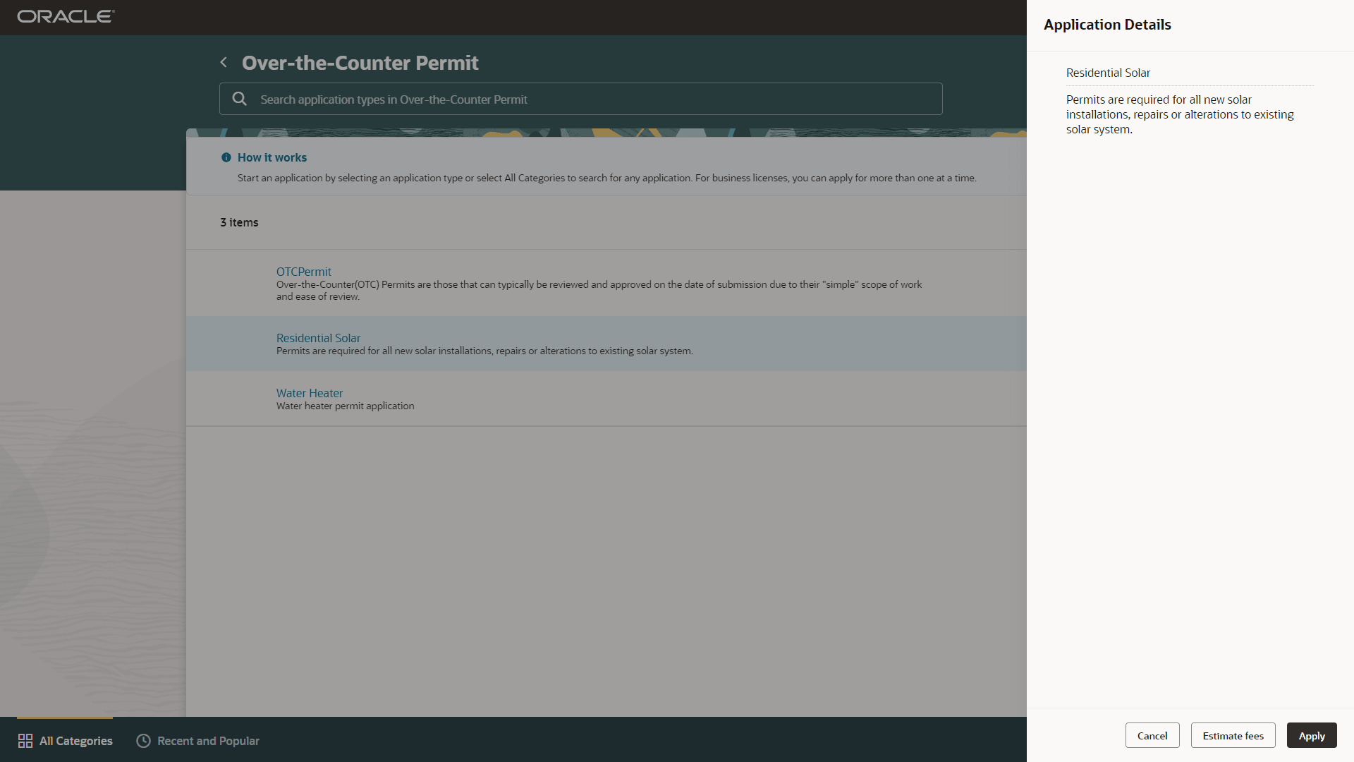 Application details drawer with the Estimate fees button
