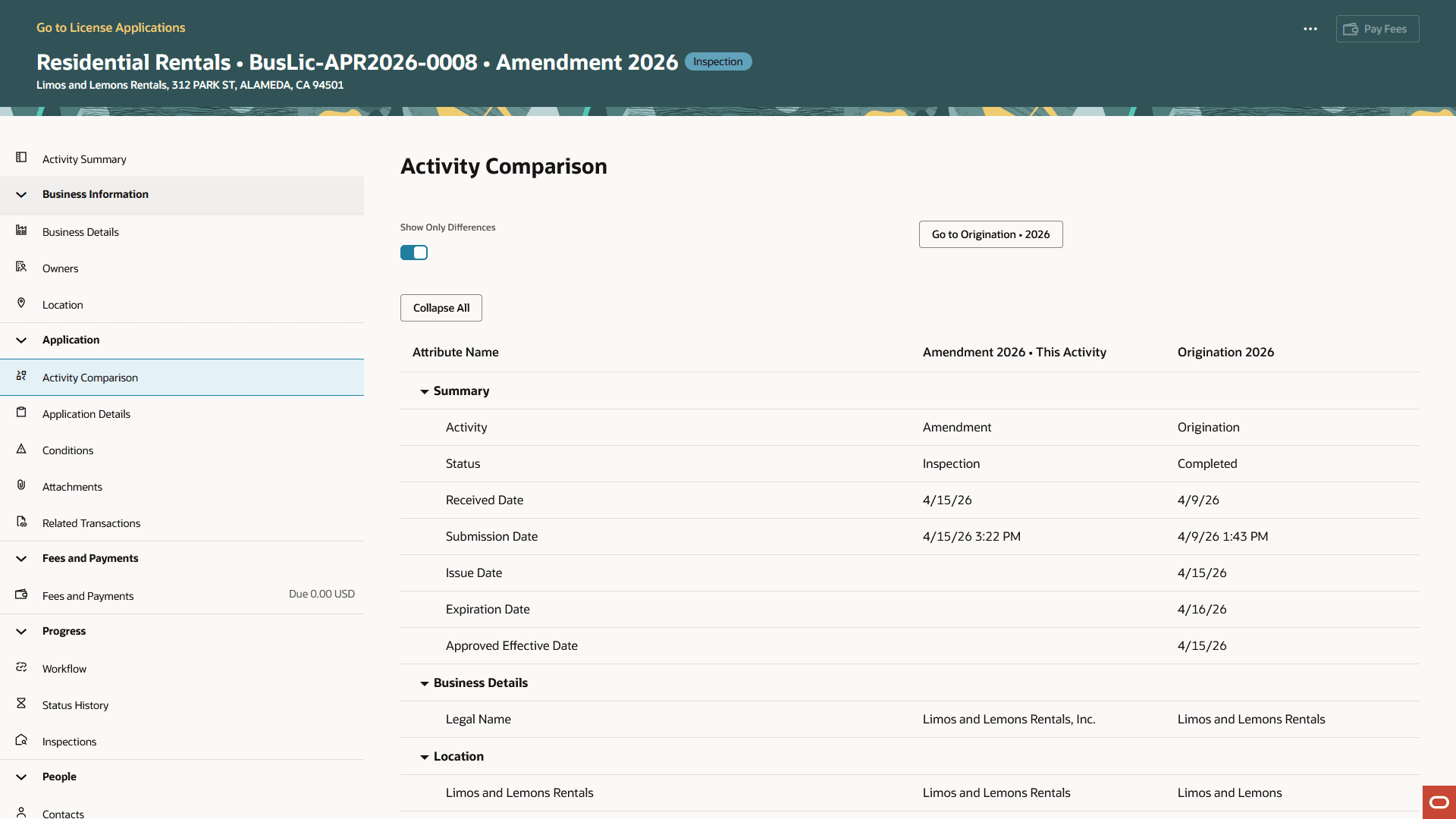 Activity Comparison page in the license activity details