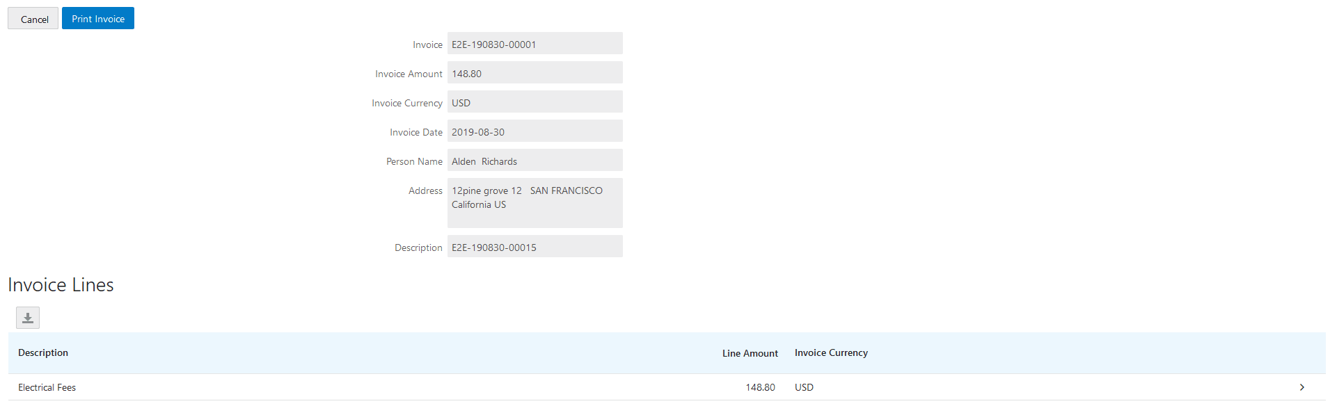 Example of the Invoice History Details page