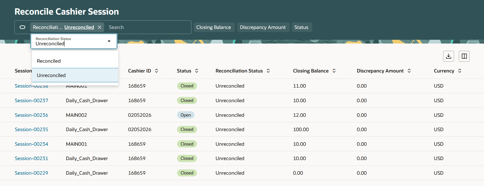 This example shows the Reconcile Cashier Session page