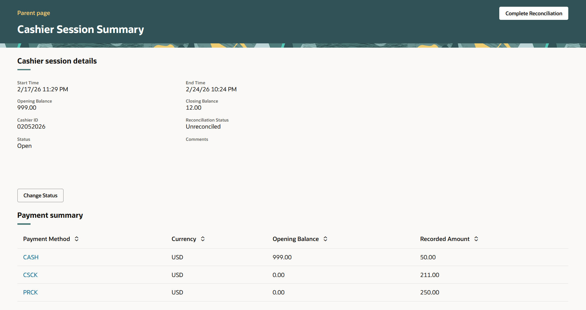 This example shows the Cashier Session Summary page
