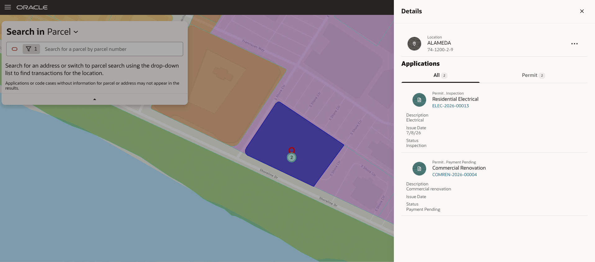 Parcel search result after a map marker is selected