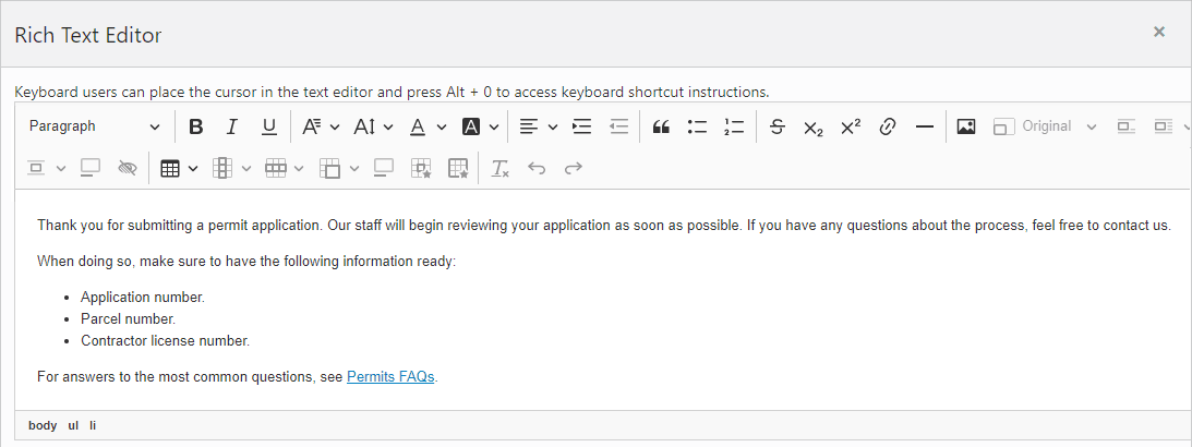 Rich Text Editor dialog box