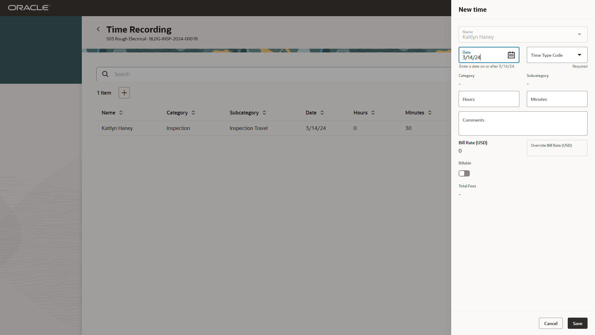 Inspector Application - Time Recording page with the New time drawer