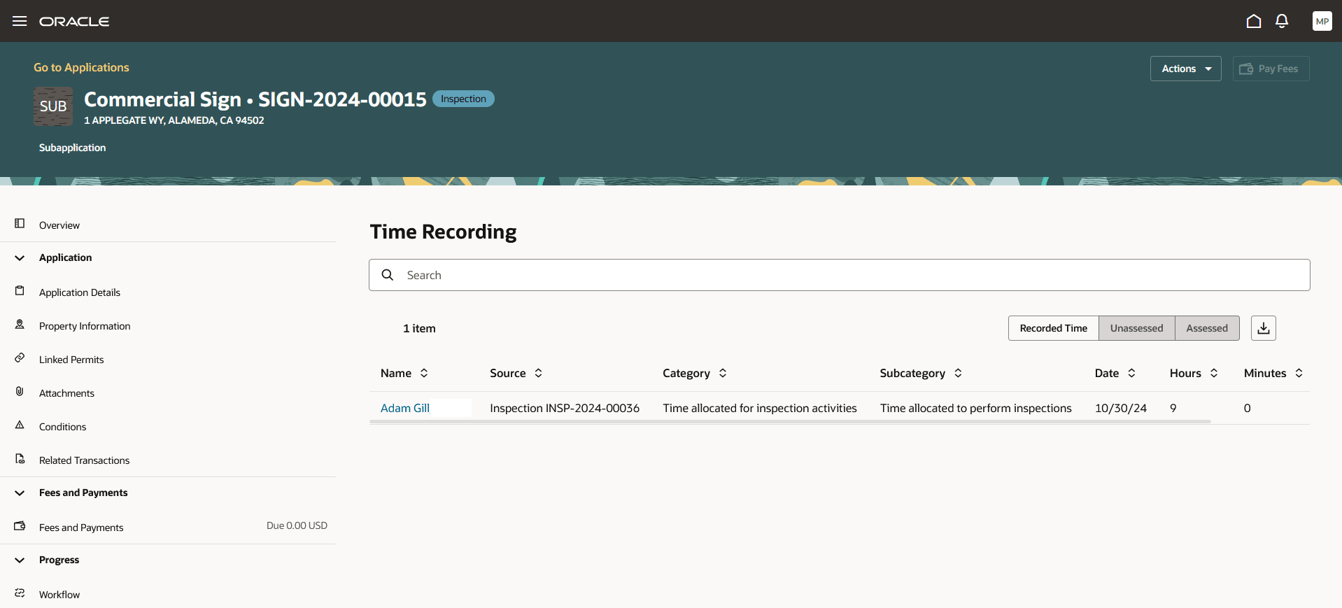 Time Recording page in the permit application details
