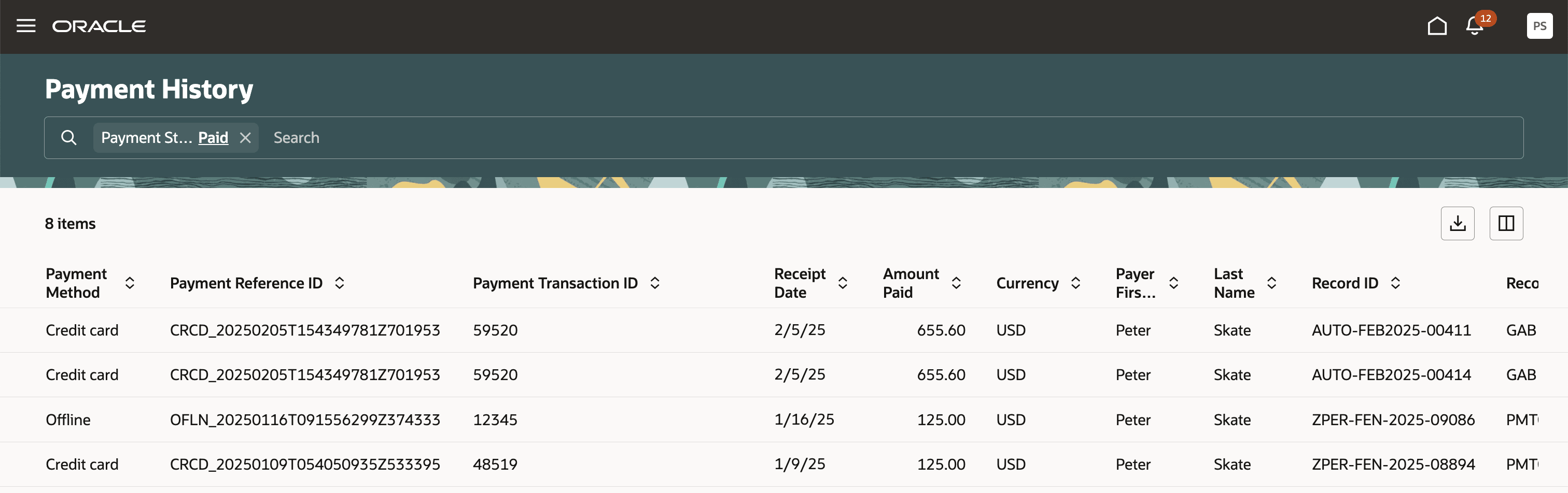 Example of the Payment History page