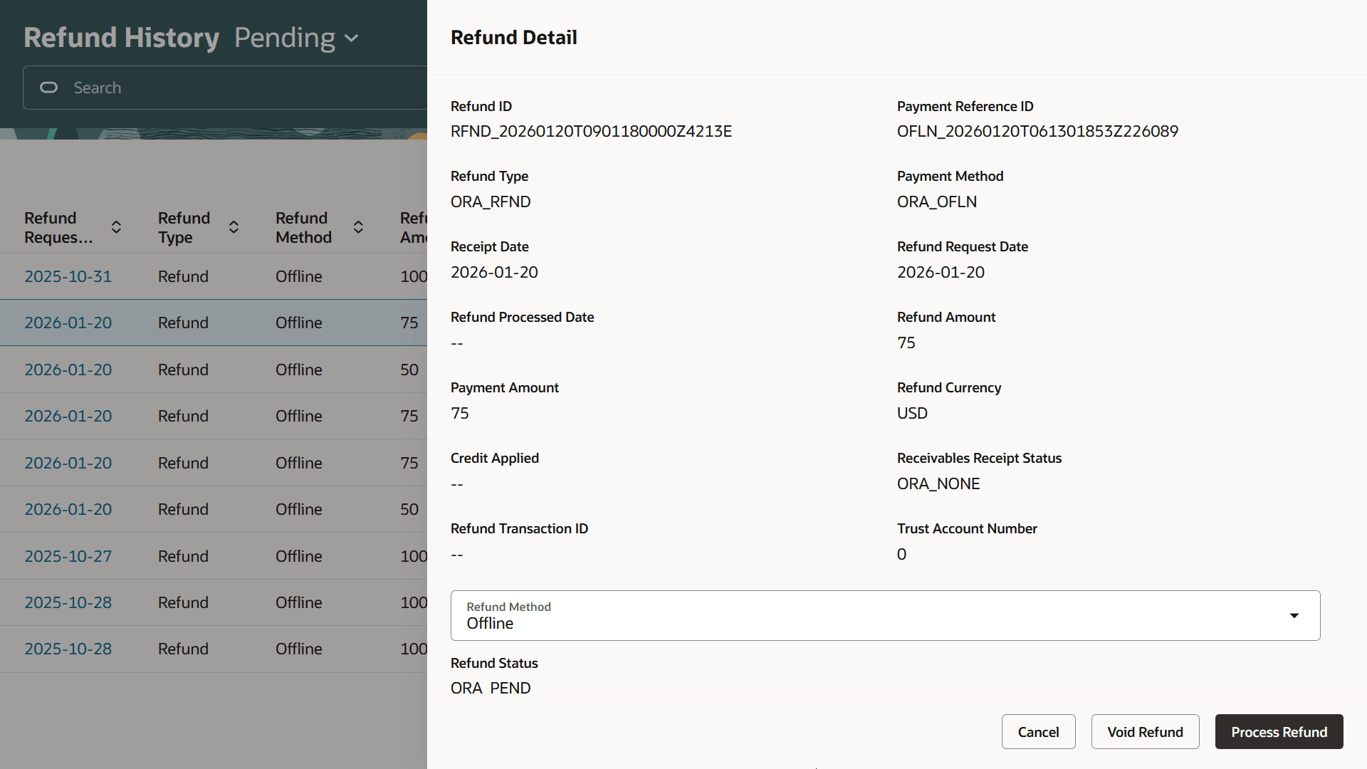 Example of the Refund Detail page