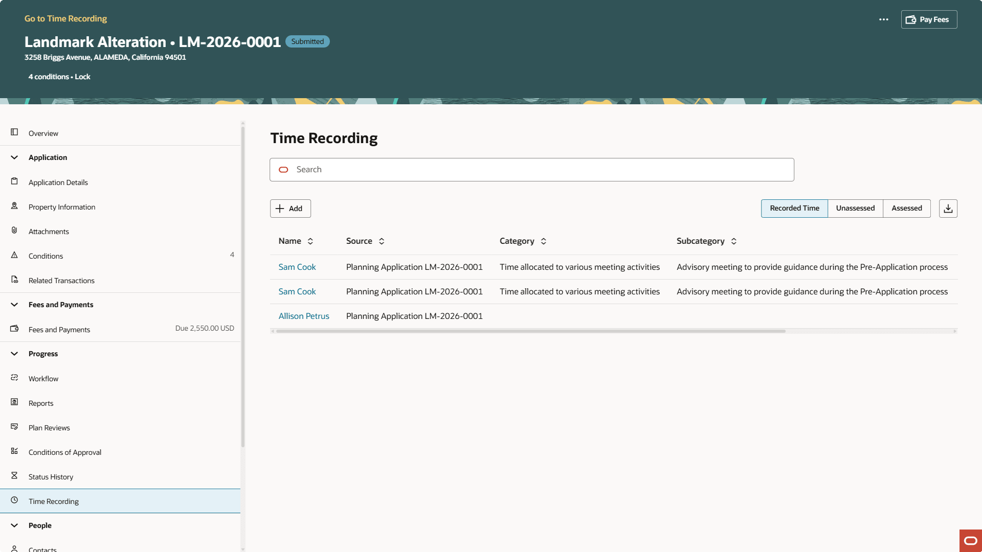 Application-level Time Recording page