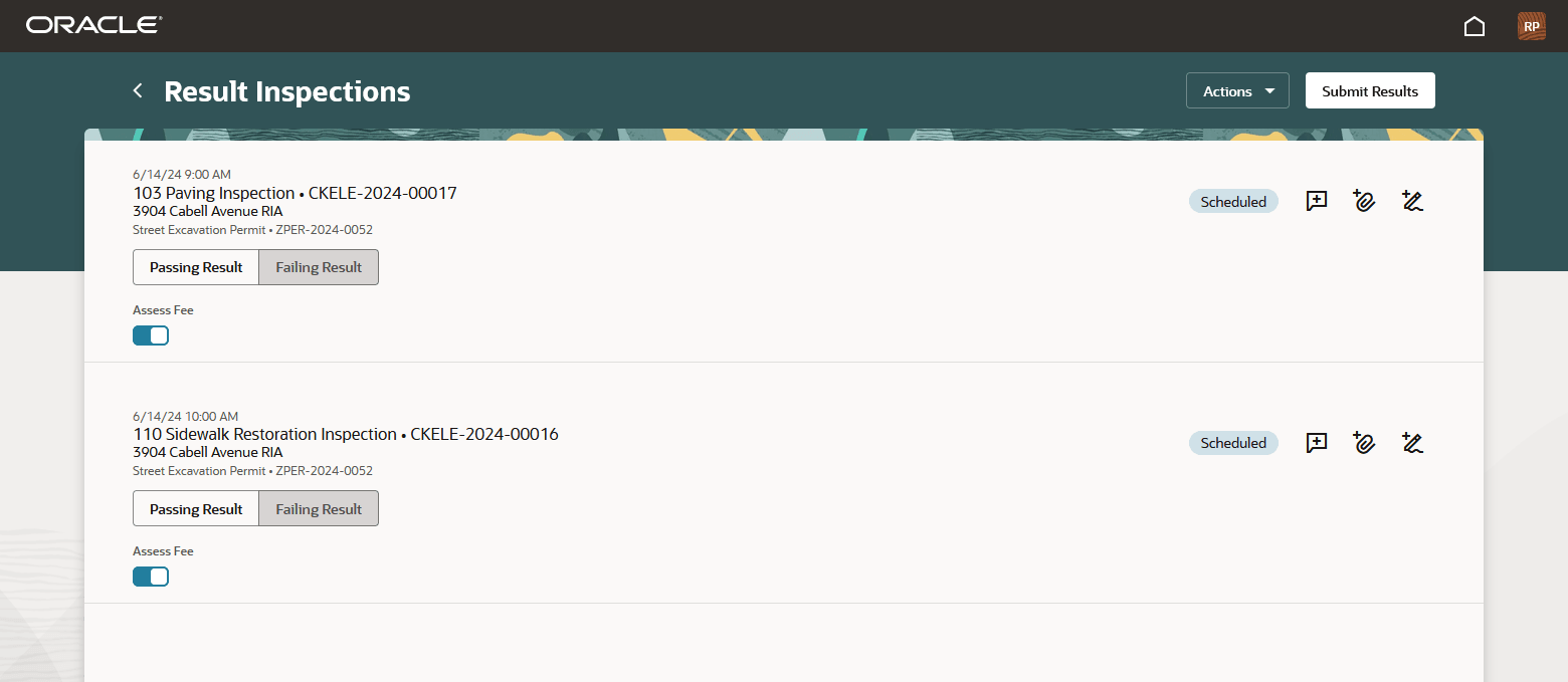 Result Inspections page for resulting multiple inspections in the Inspector Application for mobile devices