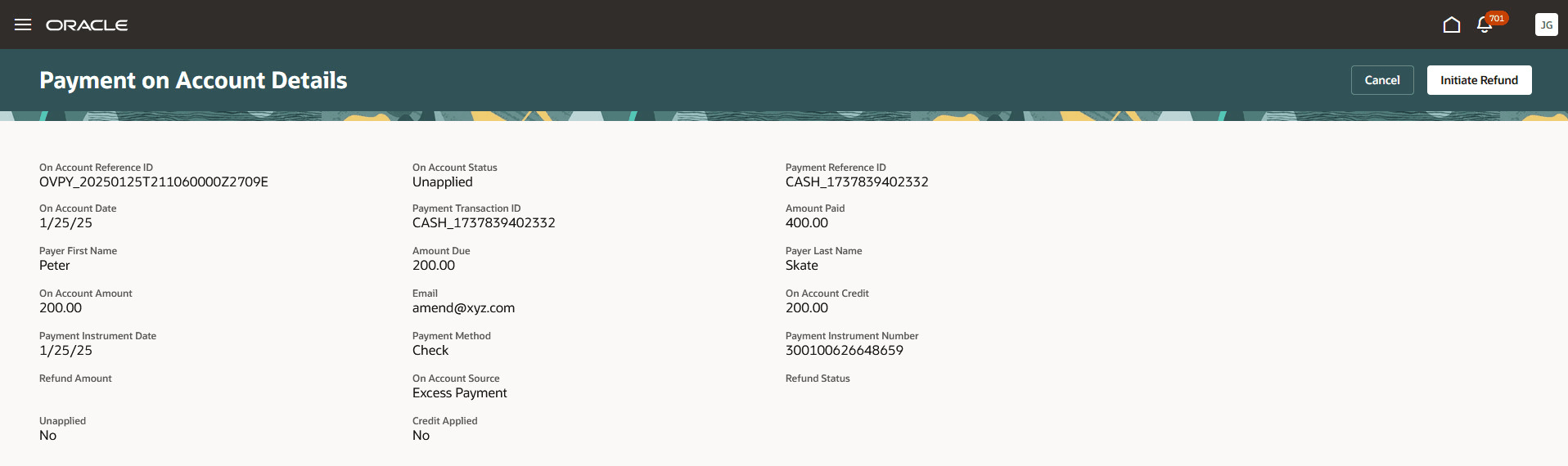 Example of the Payment on Accounts Details page