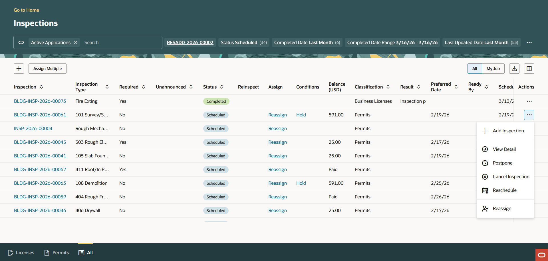 Inspections page for agency staff