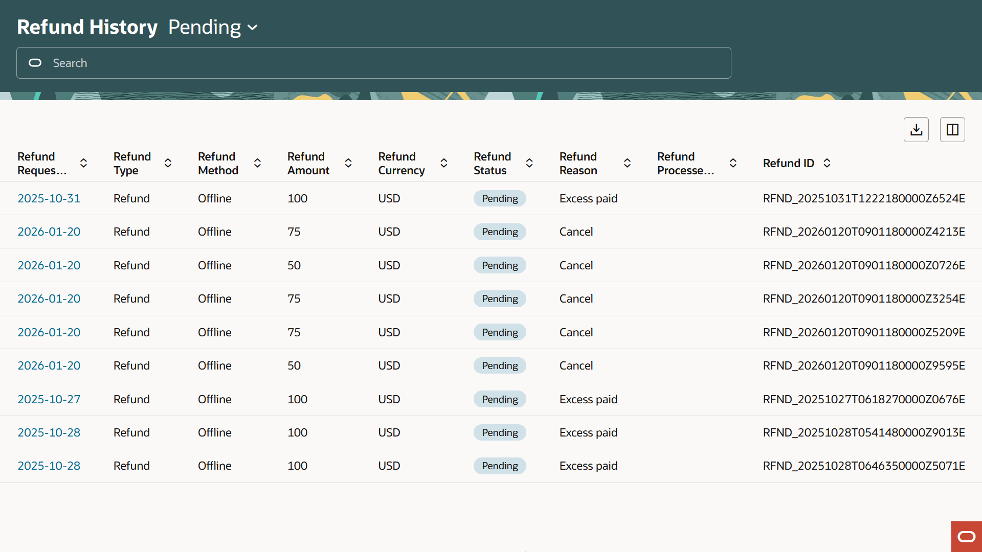 Example of the Refund History page