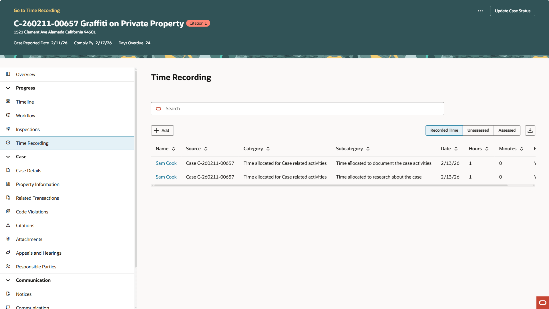 Case-level Time Recording page