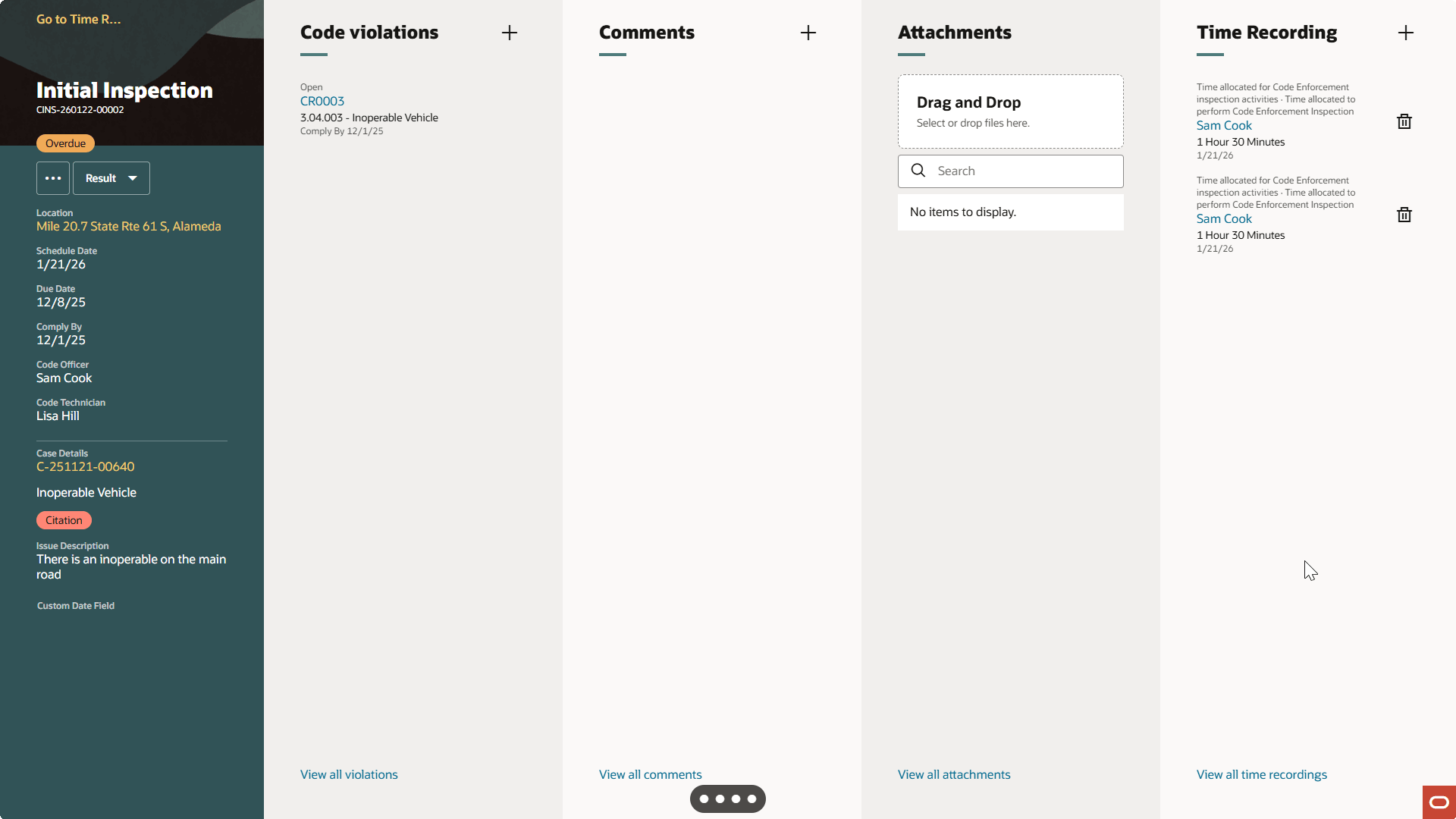 Inspection-level Time Recording panel in the Code Officer Application