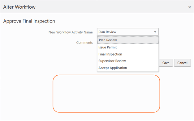 Alter Workflow dialog appears with only enabled tasks displaying in the New Workflow Activity Name drop-down list, with no Update Transaction Status drop-down list appearing.