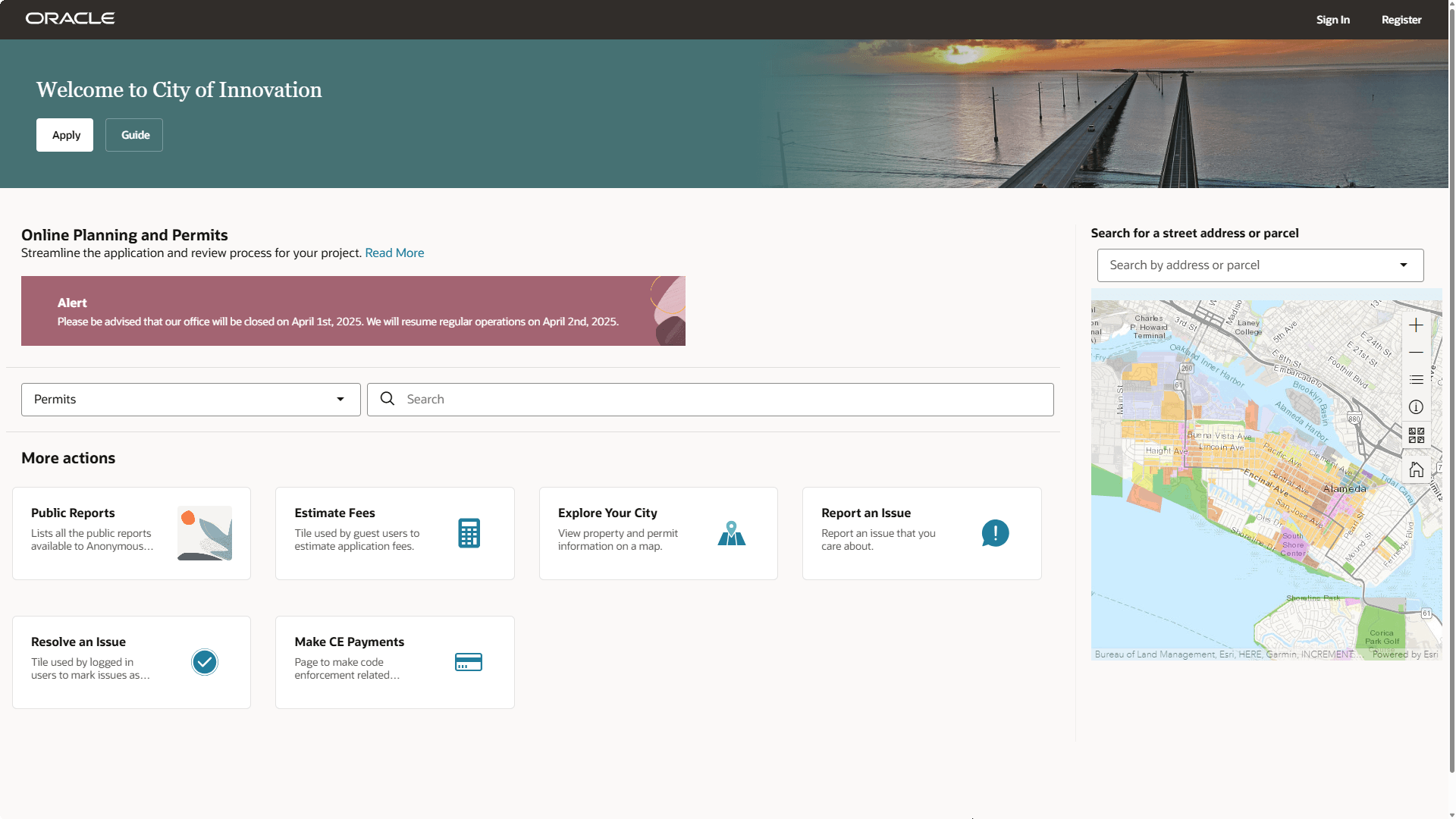 Guest landing page showing the Apply button, tiles, maps and so on