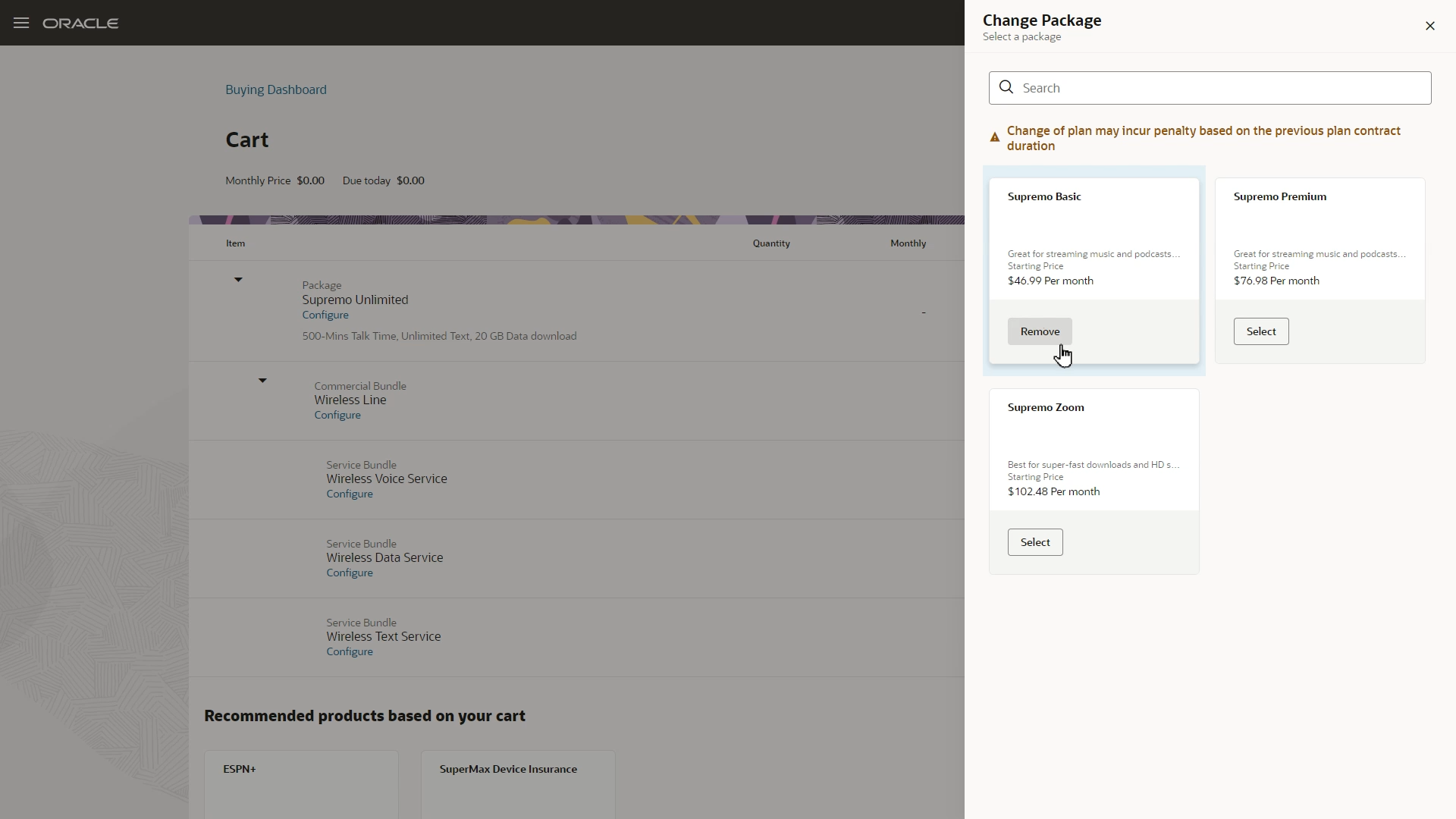 Change plan drawer shows the available upgrade & downgrade options which the agent can select