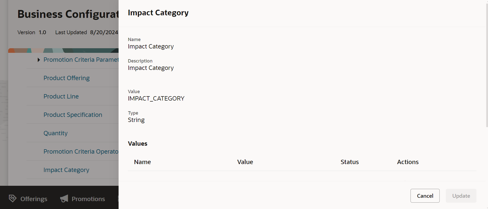 Zone impact category business configuration