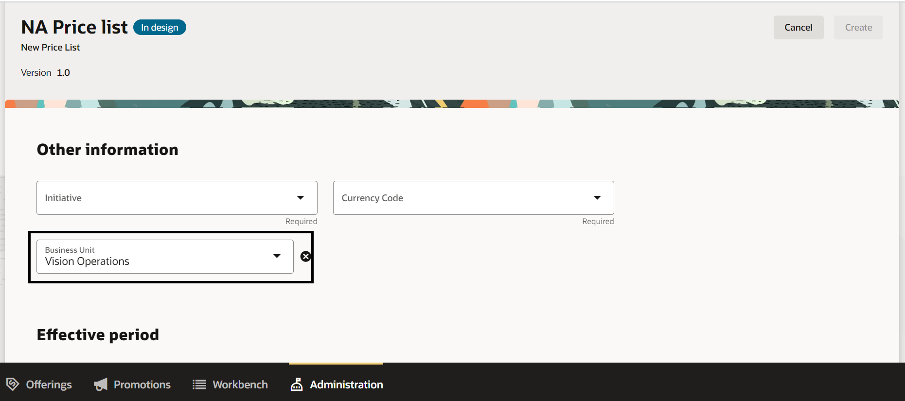 Association of business unit to price list