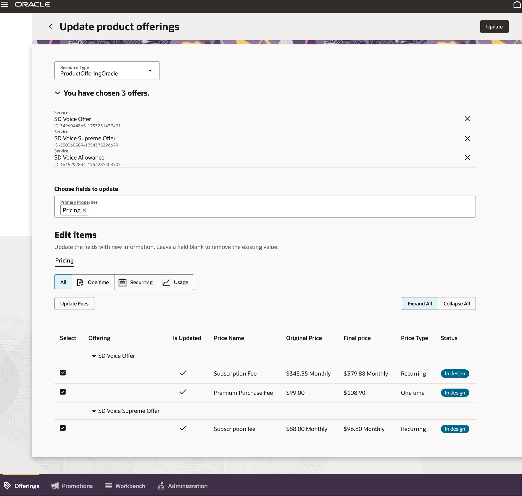 Bulk update for prices