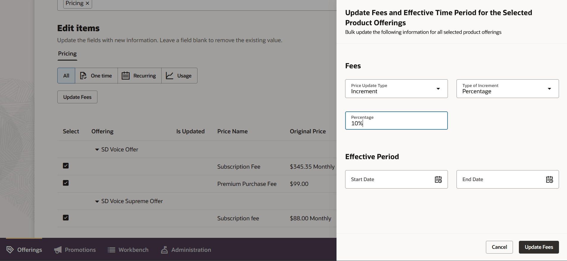 Bulk update of price