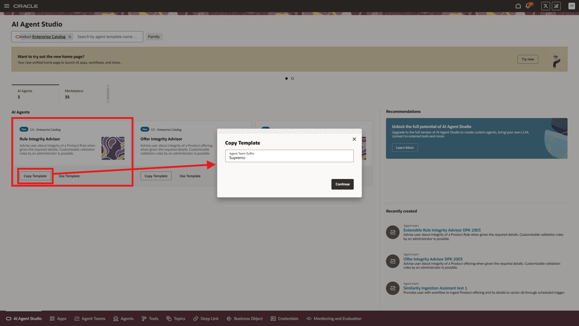 Template Named Rule Integrity Advisor in AI Agent Studio