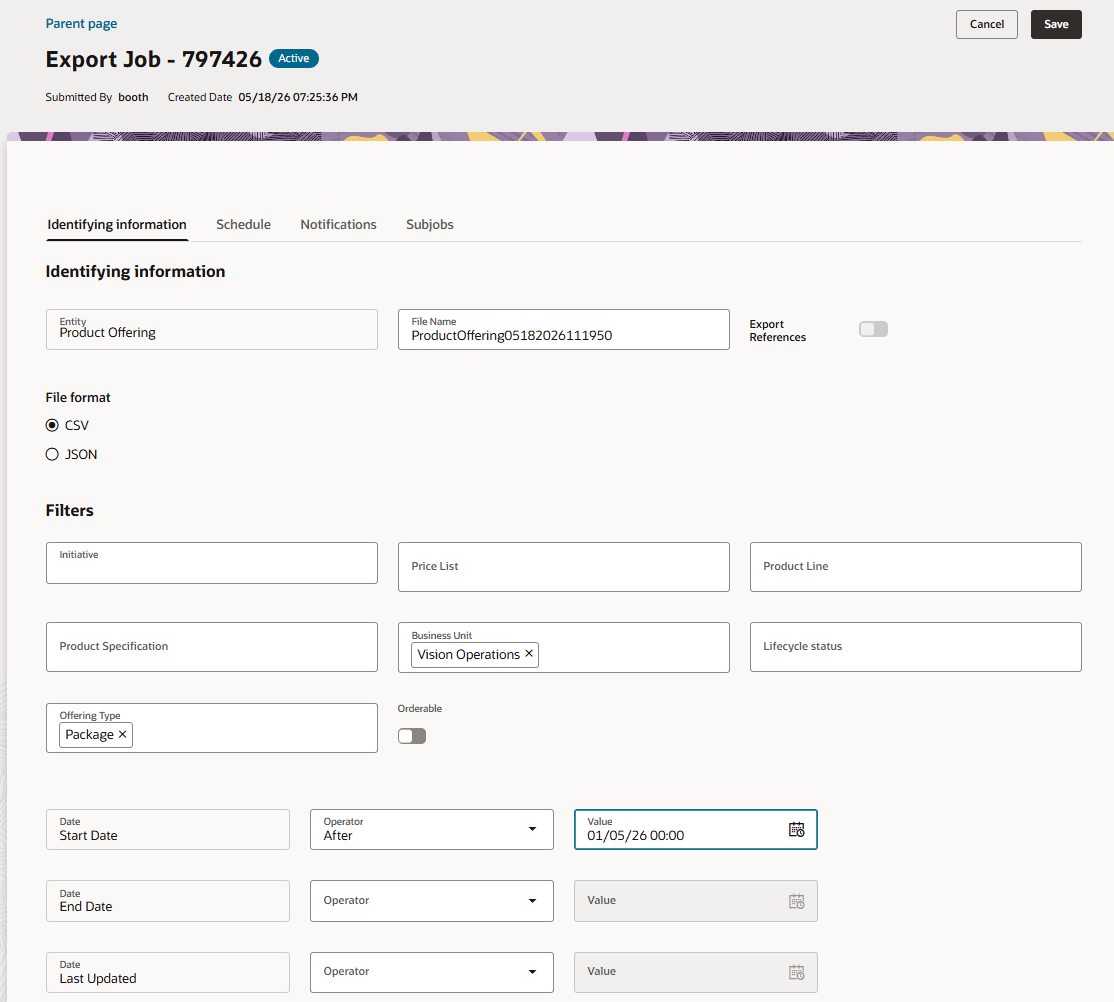 Export Job Identifying Information
