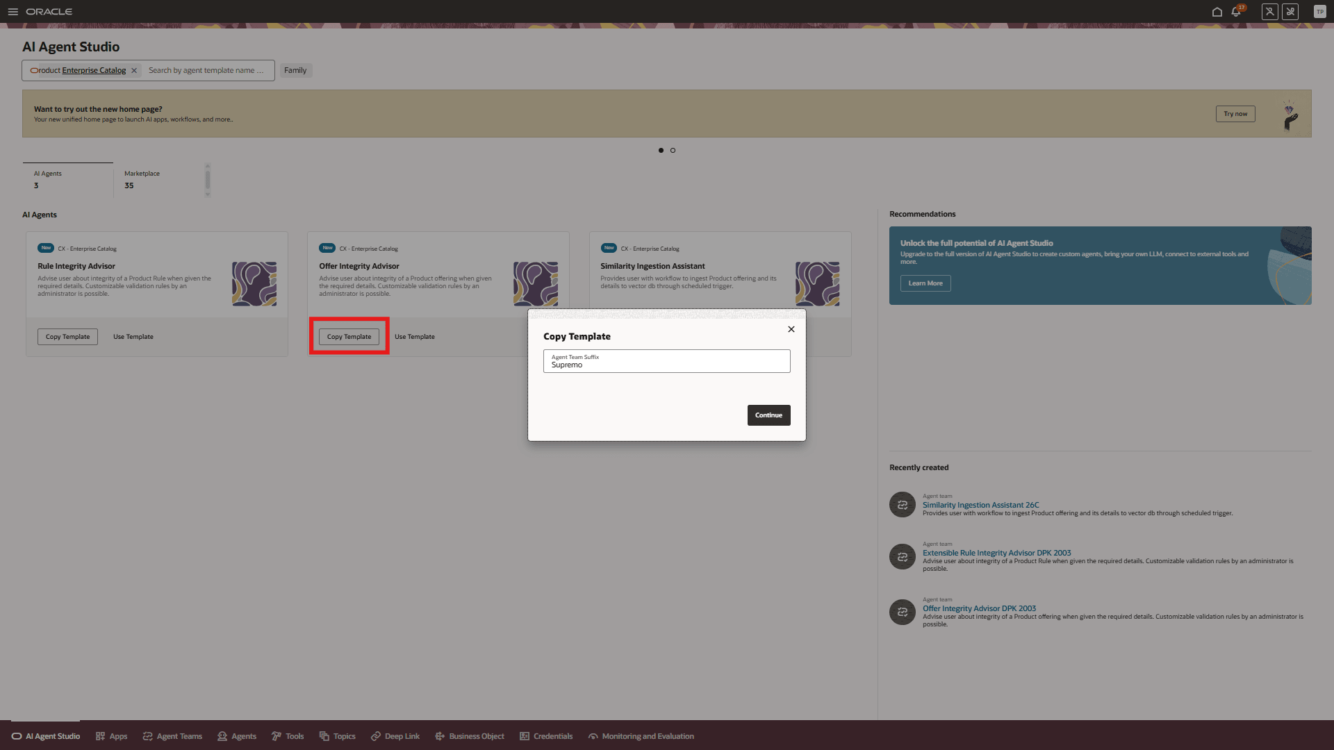 Template Named Offer Integrity Advisor in AI Agent Studio