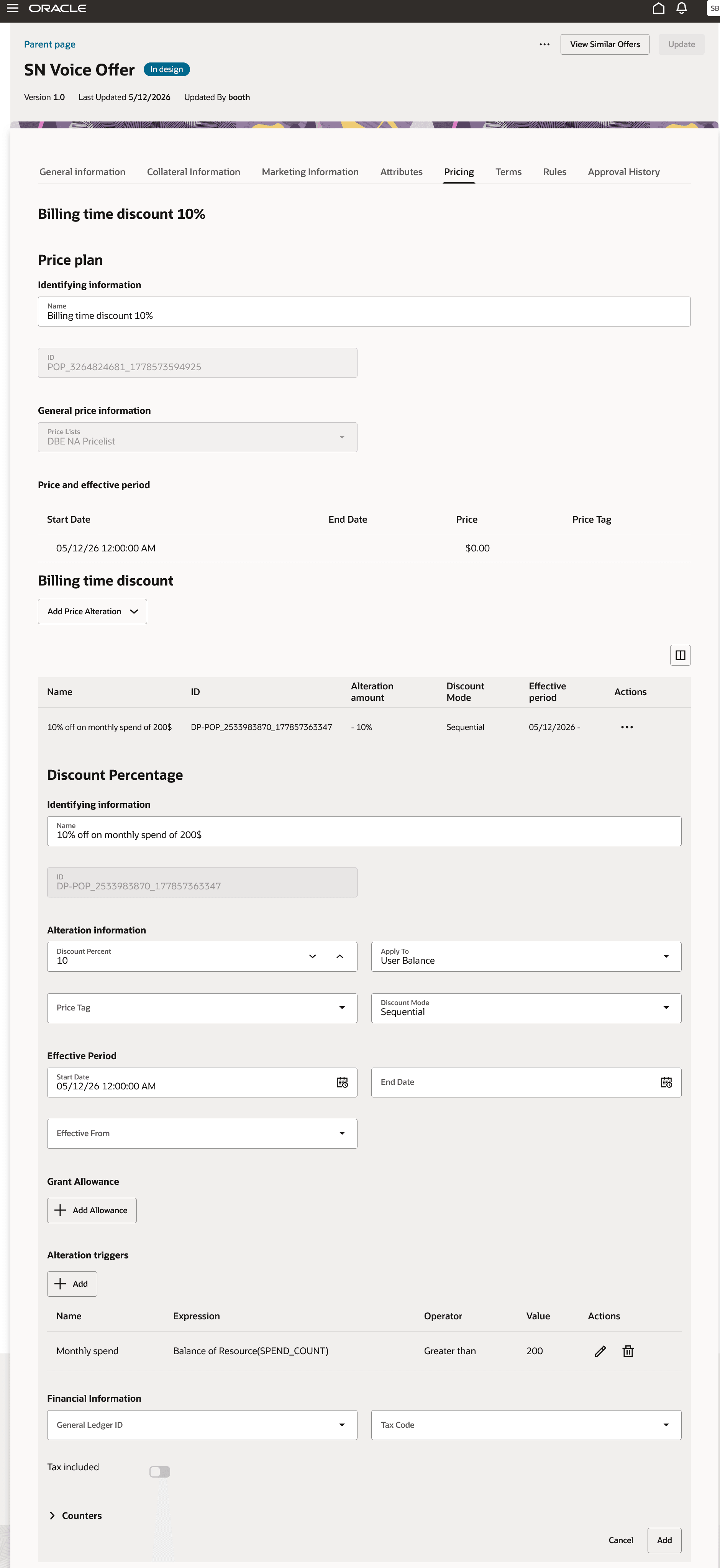 Billing time discount configuration