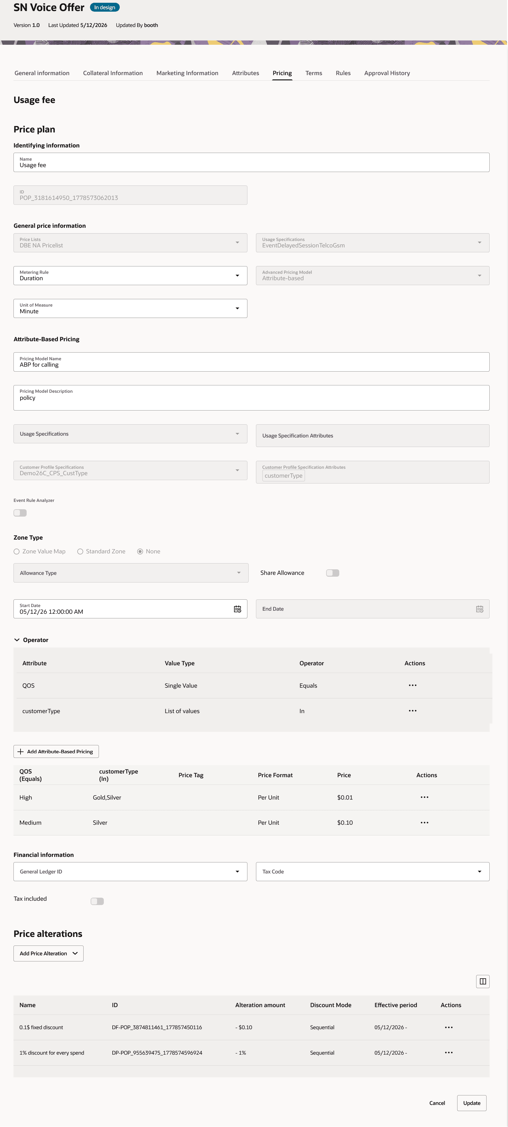 Attribute based pricing with operator support