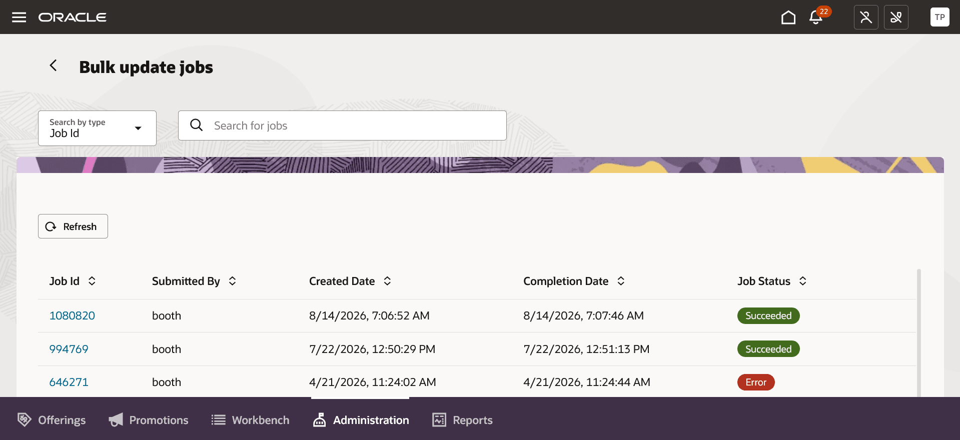 Bulk update job created for the price list update