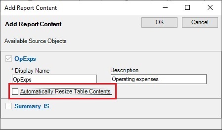 The Automatically Resize Table Contents option is displayed in the Add Report Content dialog.