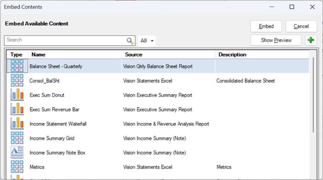Embed Contents Dialog Displaying Full List of Available Content