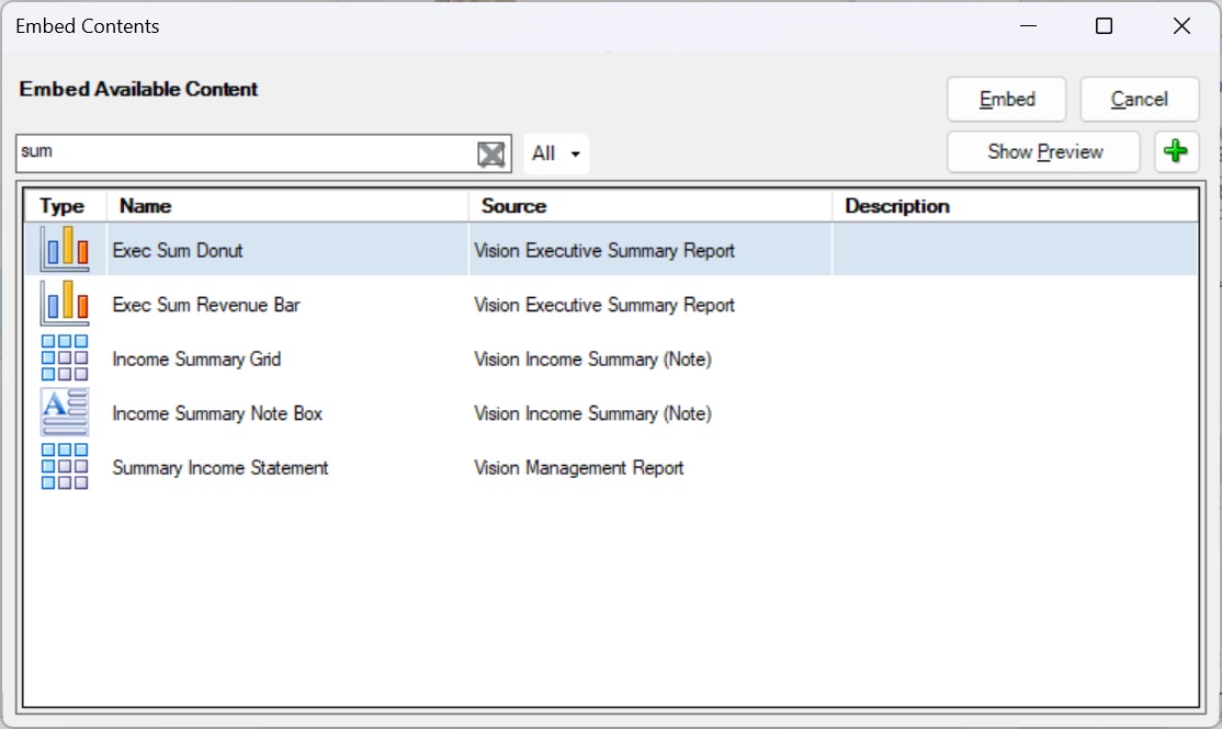 Embed Contents Dialog Showing Filtered List After Performing Search