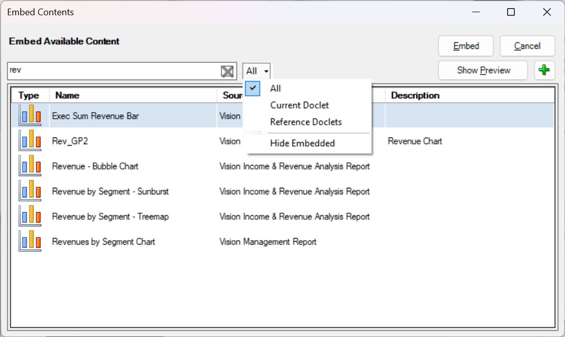 Embed Contents Dialog Drop--down List for Filtering Search Results