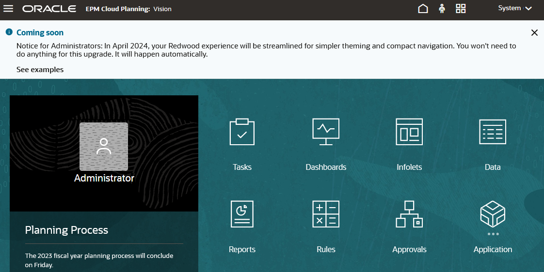 The notification about the new, streamlined Redwood themes