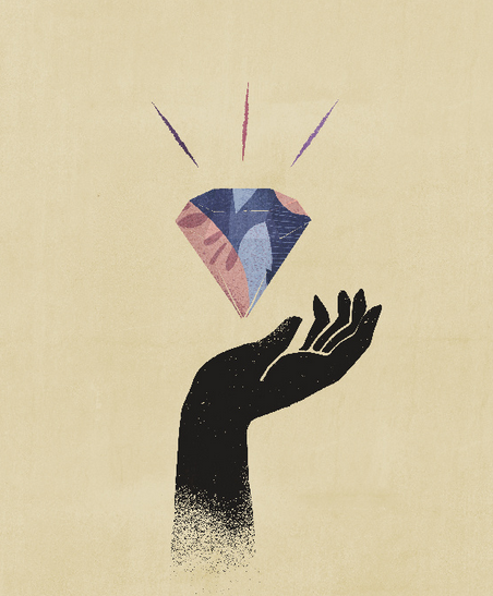 Illustration of a glittering diamond hovering above a hand.