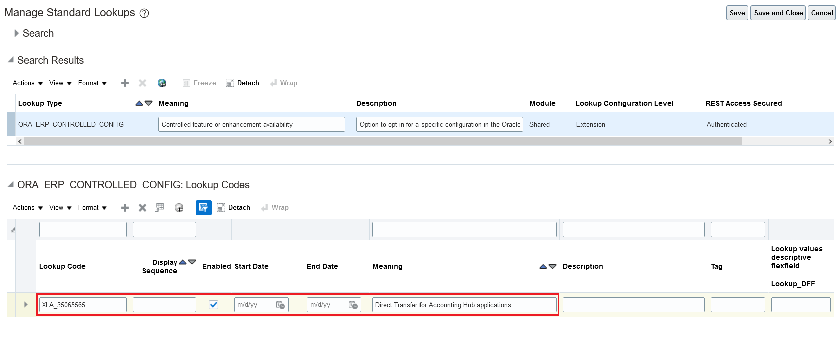 Defining lookup code under lookup type for Direct Transfer for Accounting Hub applications